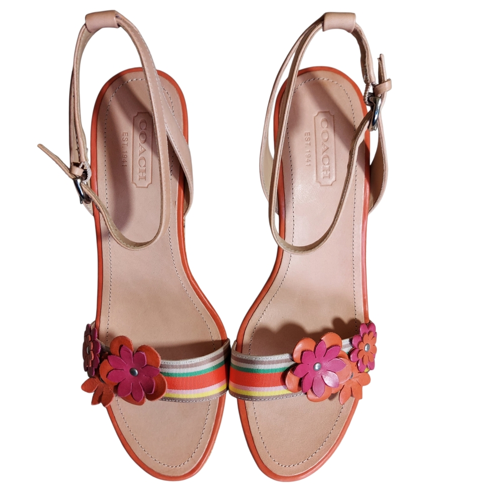 Coach Morgan Floral Cork Wedge Sandals Boho Resort Stripe Leather NEW - Picture 5 of 9